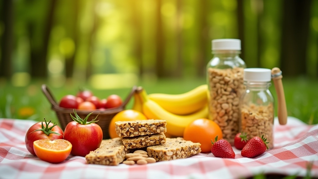 Zdravé potraviny v batohu — ovoce, granola tyčka, voda, zdravé svačiny pro celodenní túru